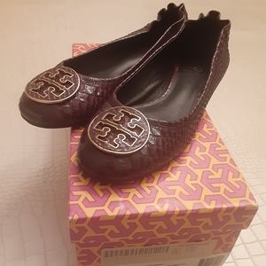 NIB Tory Burch Reva Snake Ballet Flat Shoes Brown